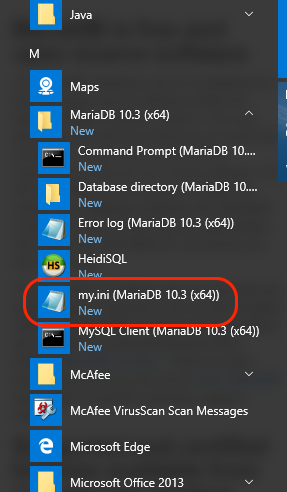 Locate my.ini in Start Menu